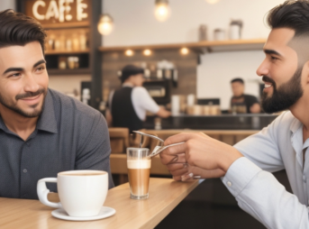カフェで会話する2人の男性