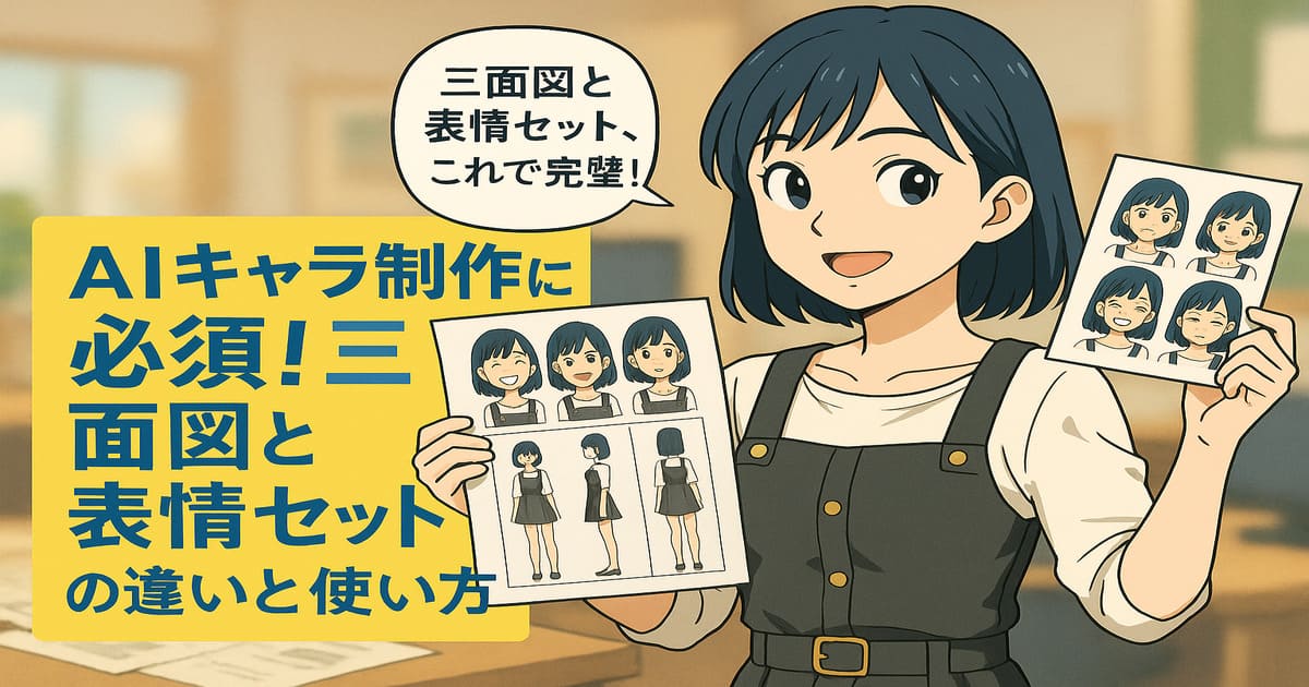 AIキャラ制作に欠かせない三面図と表情セットのイメージイラスト。キャラが両手にシートを持ち、笑顔で紹介しているシーン。
