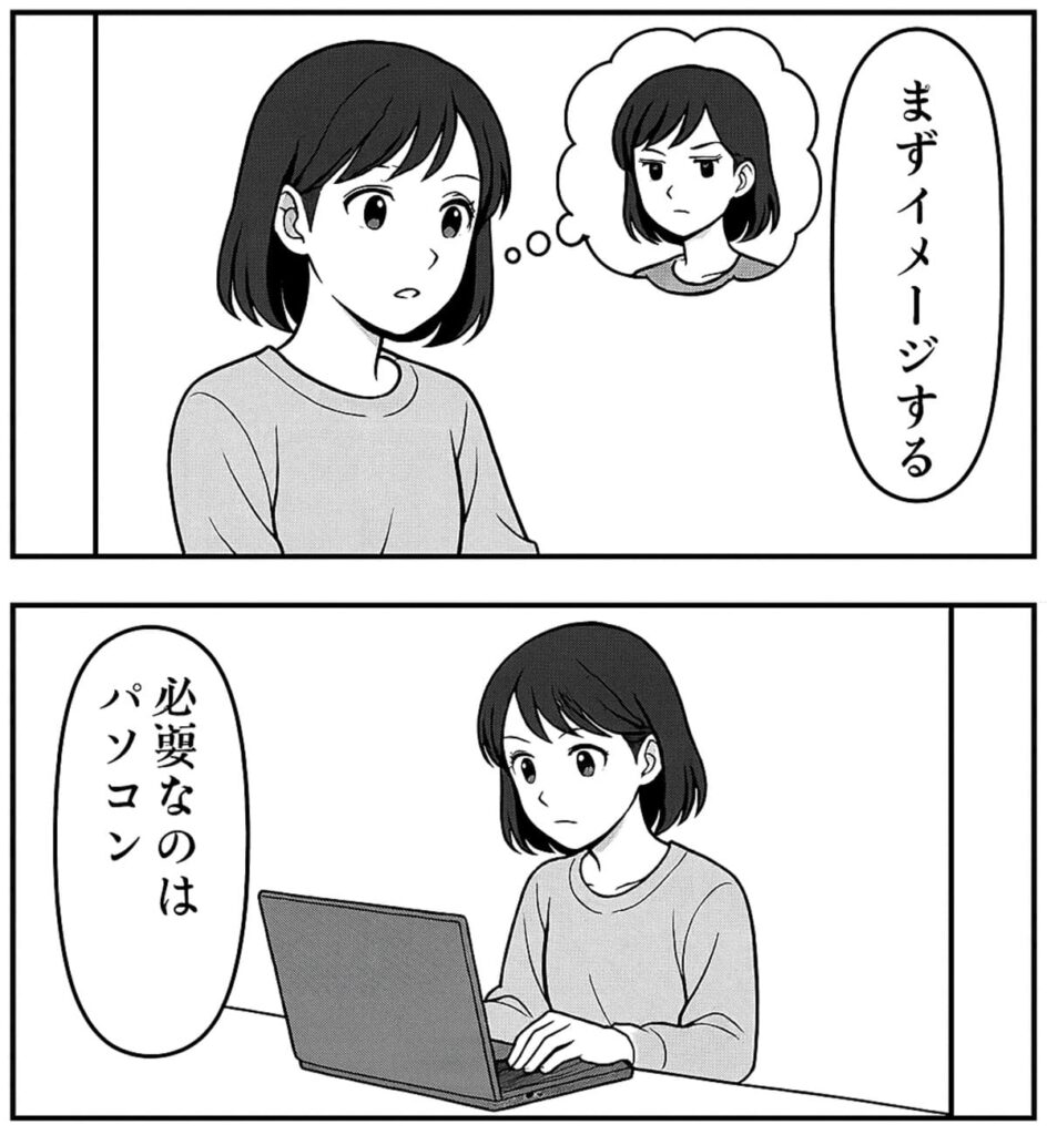 AI漫画は経験がなくてもできることを伝える4コマ漫画。