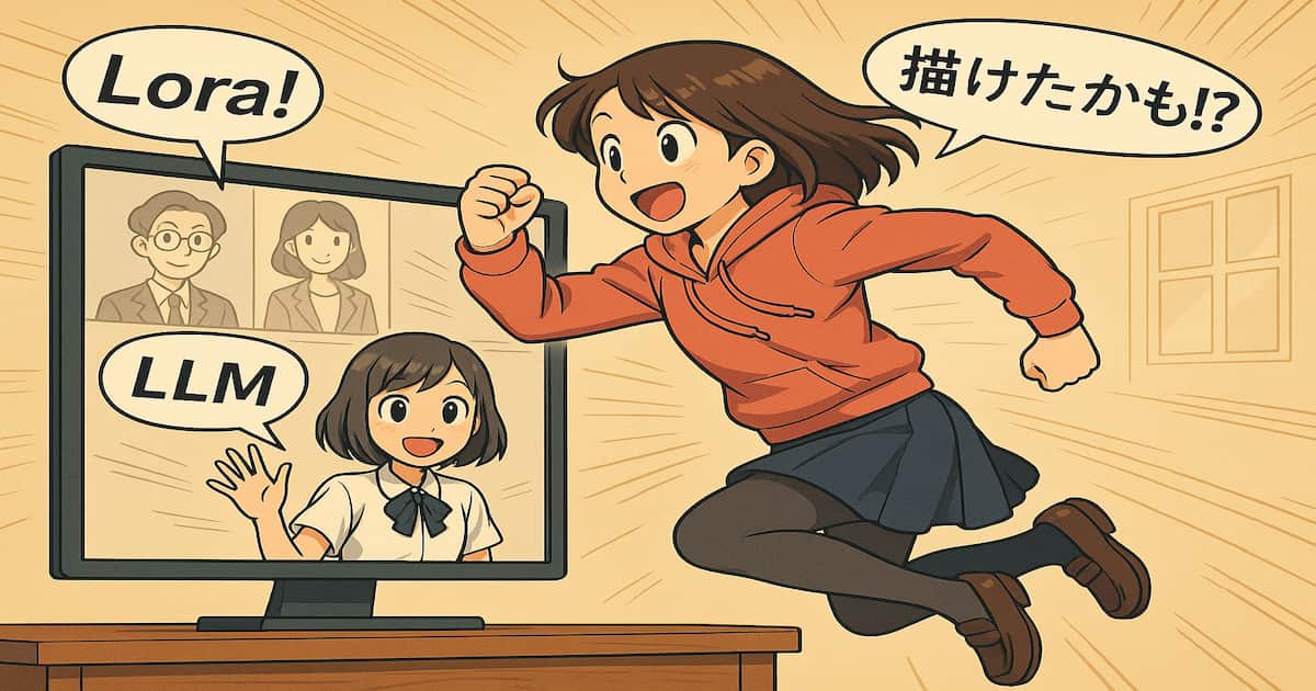I漫画制作に挑戦する初心者の少女がモニターに飛び込もうとする様子。画面内にはLoraとLLMと書かれた吹き出しとキャラクターが描かれており、AIツールを使った漫画制作のワクワク感を表現している。