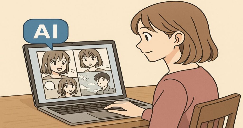 AI漫画を作るために必要なツール(ChatGPT、NovelAI、Canva)をパソコンで操作している様子のアニメ風イラスト