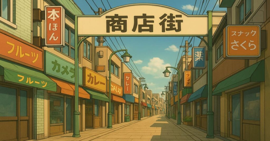 アニメ風の商店街に日本語の看板が並ぶ風景。青空の下、看板には「本屋」「フルーツ」「カレー」などの文字がはっきりと描かれている。