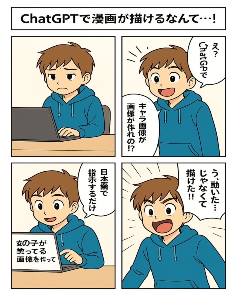 ChatGPTを使って漫画制作に挑戦する男子高校生の4コマ漫画。驚きと感動が詰まった創作の瞬間を描写。