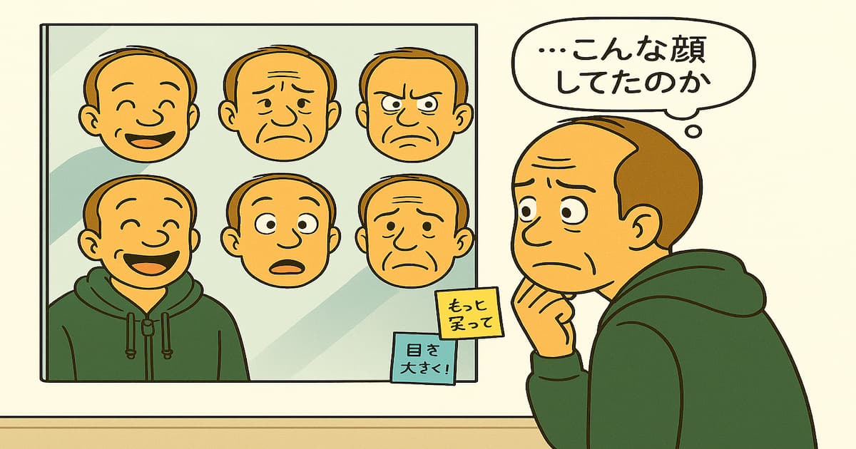鏡の前でさまざまな表情をチェックしているおとうさんのイラスト、6つの感情が映った鏡がポイント