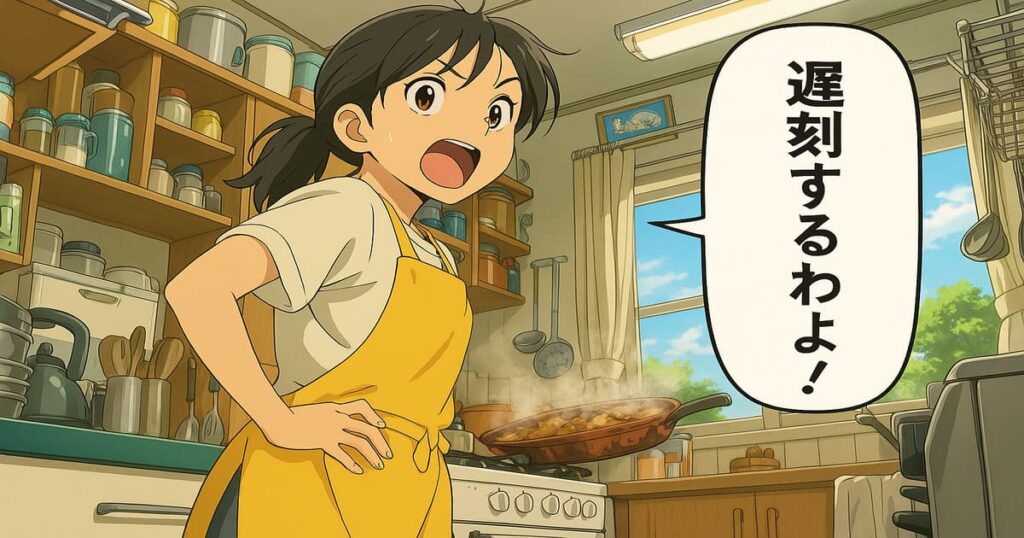キッチンで朝食を作りながら「遅刻するわよ！」と叫ぶエプロン姿の女性キャラのイラスト