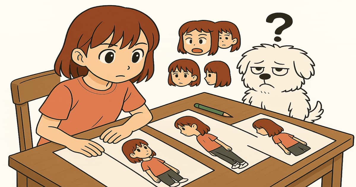 三面図を見つめる女の子と困惑した表情の白い犬、白背景でキャラ設計中の様子を描いたイラスト