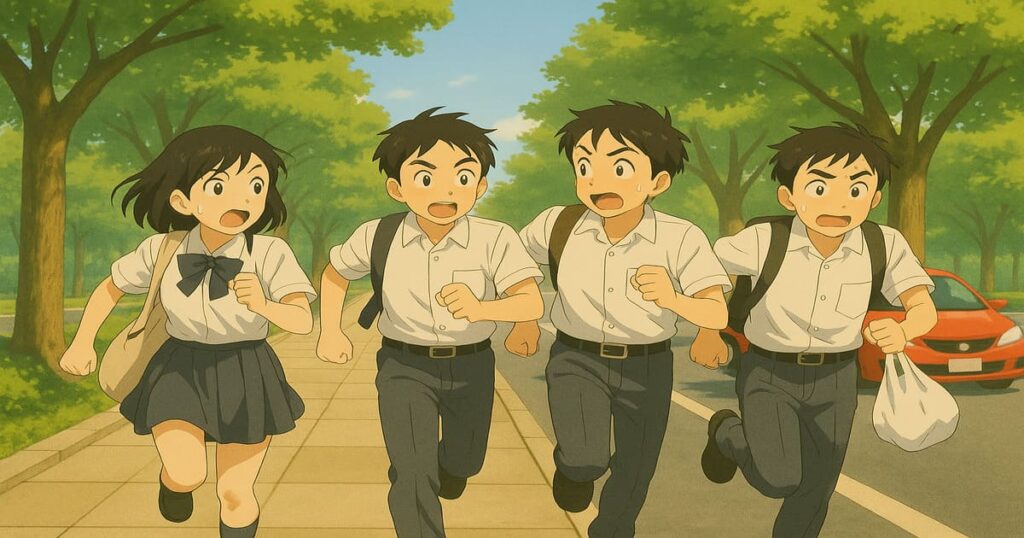 制服姿の高校生たちが朝の通学路を走っている様子。遅刻しそうで慌てる表情が描かれたアニメ風イラスト。背景には街路樹と通学路が広がる。
