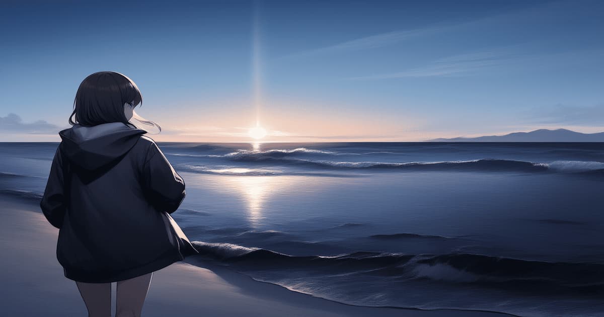 夕暮れの海辺で静かに波を見つめるフード姿の少女の後ろ姿