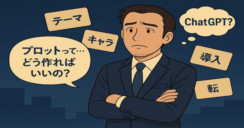 プロットに悩むお父さんがChatGPTに出会う前の夜、PCの前で考え込んでいる様子