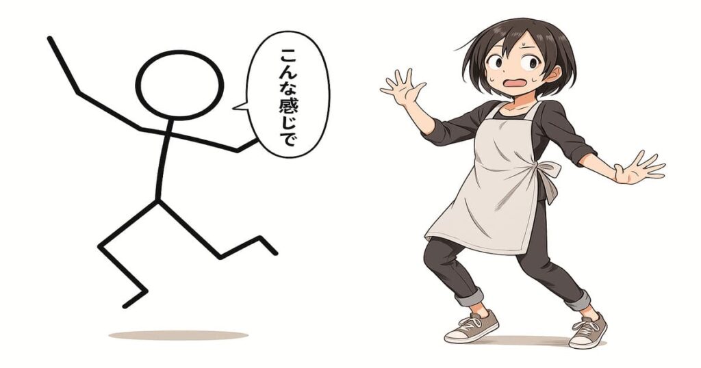 左側に棒人間、右側に同じポーズのキャラクター。右足に重心をかけて手を広げたポーズが、AIに正確に伝わった様子を表現した比較構図