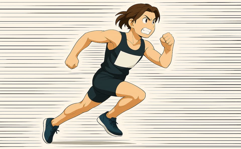 平行スピード線を使って疾走感を表現した陸上ユニフォーム姿のアニメ風男子キャラクターのイラスト