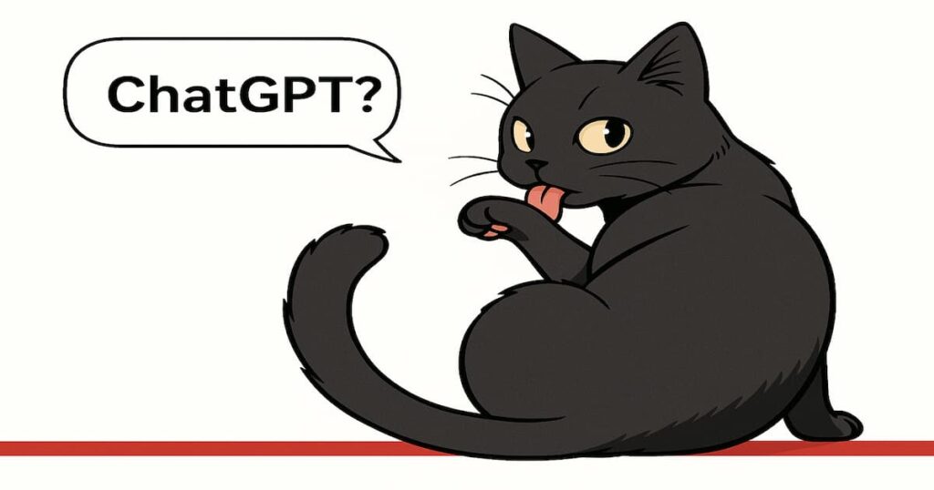 振り返って毛づくろいをする黒猫が「ChatGPT？」と吹き出しでつぶやくイラスト。