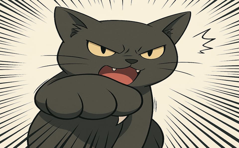 収束スピード線を使って、黒猫ポチがこちらに向かってパンチを繰り出すシーンを迫力ある構図で表現した画像。