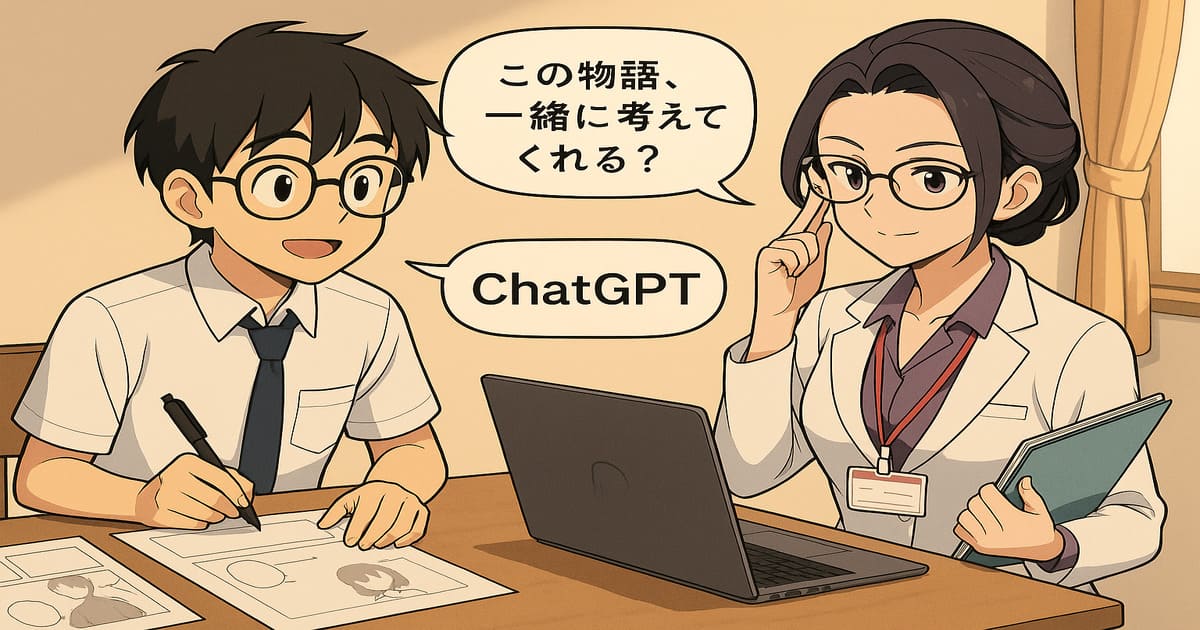 眼鏡をかけた女性キャラがChatGPTのプロンプト台本について説明している様子のアニメ風イラスト