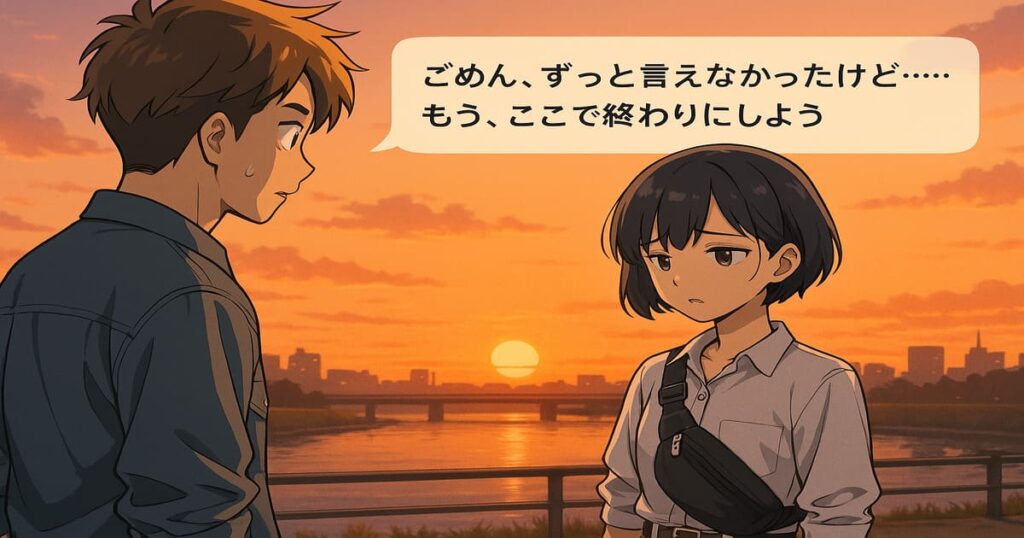 ChatGPTプロンプト例で生成した、夕焼けの河川敷で別れを切り出すセリフシーンの漫画風イラスト