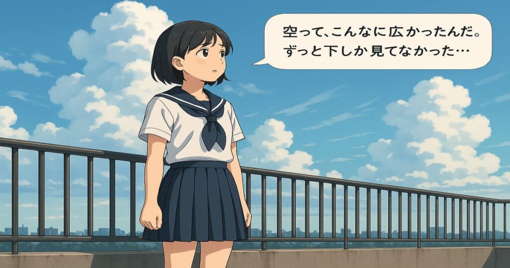 学校の屋上で本音を口にする内向的な女子高生。夕暮れの空を見上げながら「空って、こんなに広かったんだね。ずっと下しか見てなかった…」と語るシーン。