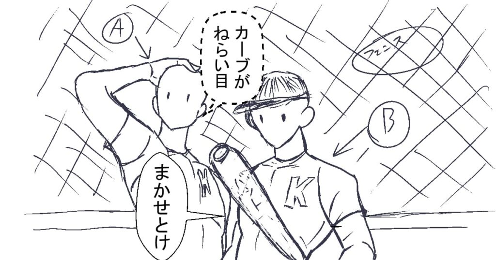 野球のユニフォームを着た2人のキャラクターがフェンス前で話し合うシーン。片方はバットを持ち、キャップをかぶっている。もう片方は頭に手をあてている。吹き出しには「カーブがねらい目」「まかせとけ」のセリフあり。