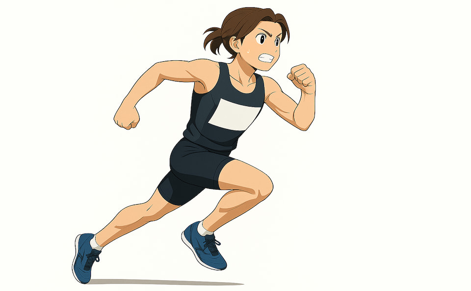 白背景に陸上ユニフォーム姿で走る男性キャラクター、スピード線なしのAI漫画風イラストの元画像