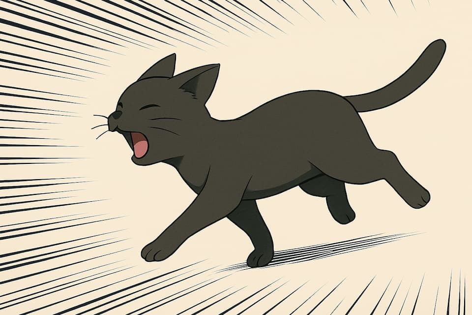横向きに走る黒猫ポチのイラスト。平行スピード線によってスピード感と方向性が強調されている。