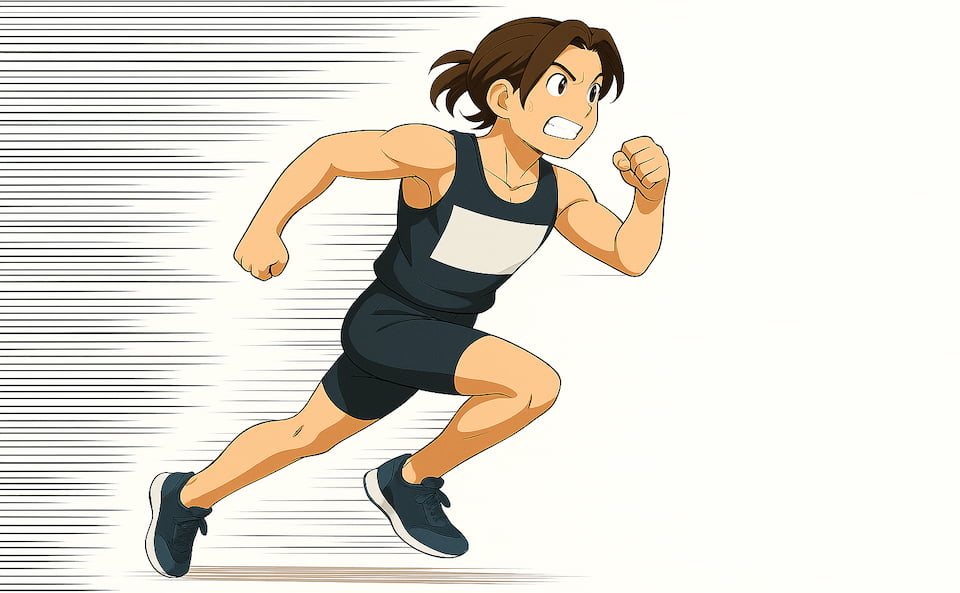 陸上ユニフォーム姿で走る男性キャラクターに平行スピード線が追加されたAI漫画風イラスト