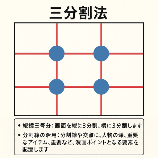 構図の基本である三分割法を解説する図解。画面を9分割する線と、主要な要素を置くべき4つの交点が示されている。