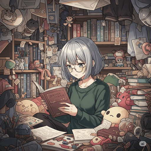 AIイラストの構図の失敗例2。背景に物が多すぎて、主役の少女が埋もれてしまっている「ごちゃごちゃ構図」。