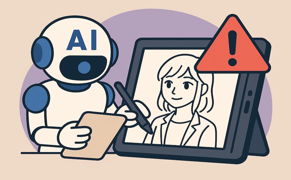 AIロボットが人物イラストを描き、警告マークが表示されている