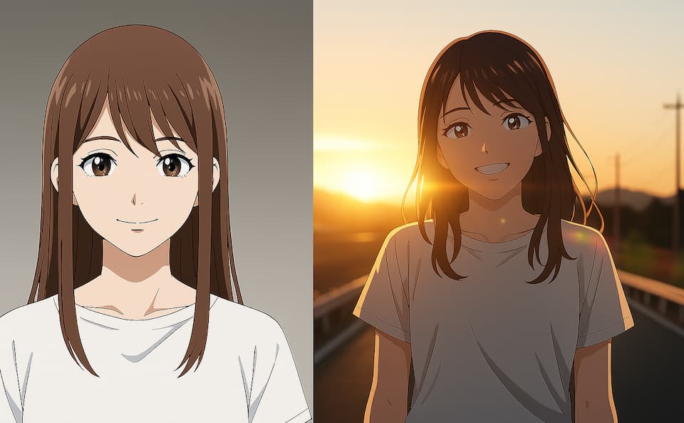 AIイラストにおける構図の参考例。左はグレーバックの人物イラスト(Before)、右は夕焼けの中で同じキャラクターを登場させた構図例(After)で、参照画像を使った表現の変化を示している。
