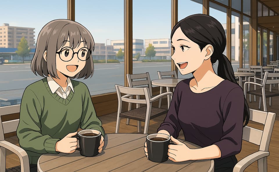 カフェのテーブル席で、二人の女性がコーヒーを飲みながら楽しそうに会話しているAIイラスト。