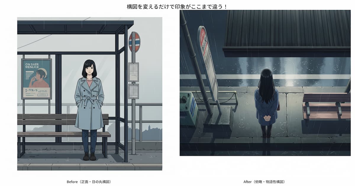 AIイラストの構図比較。正面からの単調な構図（Before）と、俯瞰で物語性を持たせた構図（After）を並べて違いを視覚的に説明している。