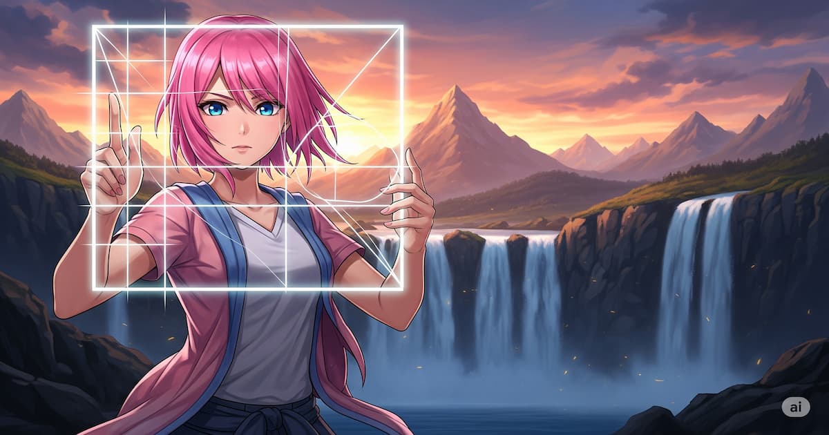 アニメ風のキャラクターが光る構図のグリッドを手に持ち、眼前の雄大な風景をフレーミングしているイラスト。AIイラストの構図テクニックを象徴するアイキャッチ画像。