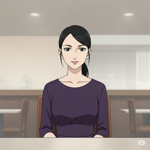 AIが生成した、カフェに座る女性が正面を向いて中央に配置された「日の丸構図」のイラスト