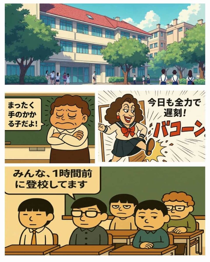 遅刻する女子学生と教室の様子を描いたAI漫画。教師とクラスメートが呆れる様子が描かれている。学校の外観と教室の情景を4コマ形式で表現。