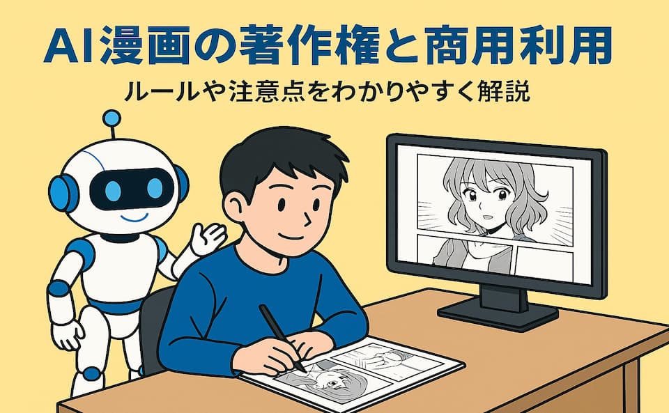 ロボットに見守られながらAI漫画を描くクリエイターとモニター