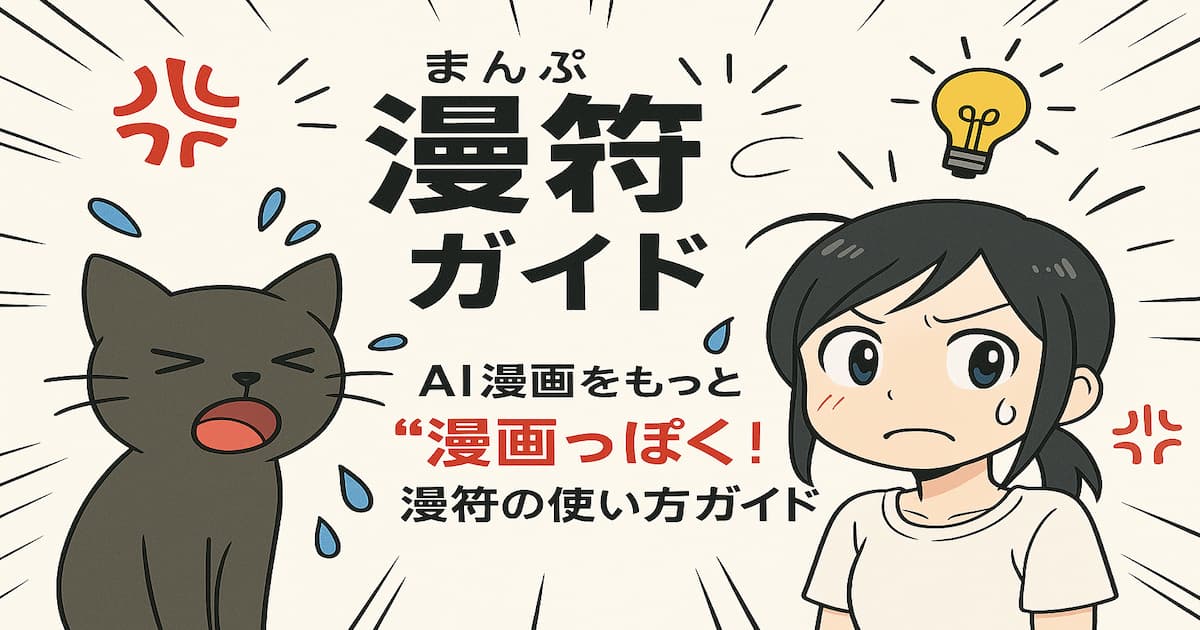 AI漫画に漫符を取り入れて表現力をアップする方法を紹介するアイキャッチ画像。困り顔と怒り顔のキャラクター、漫符が散りばめられたデザイン。
