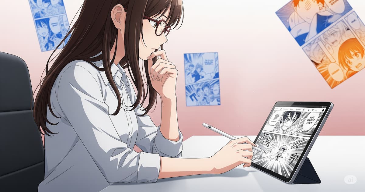 タブレットでAI漫画のコマ割りを考える女性のイラスト