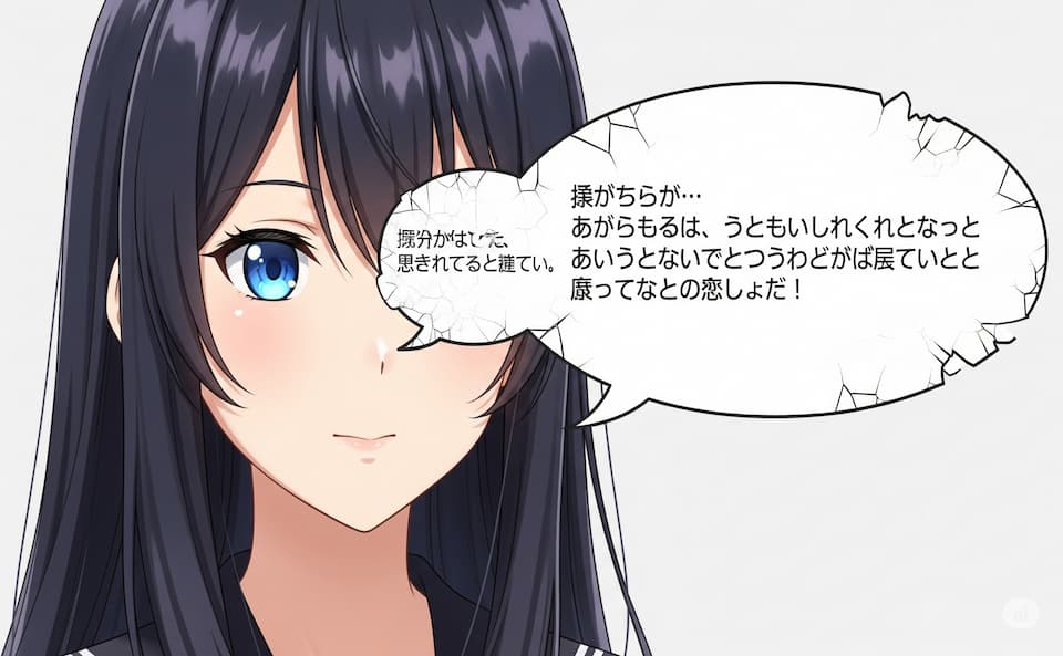AIが画像に直接セリフを入れようとして文字化けし、フキダシの配置もずれてしまった失敗例の画像。