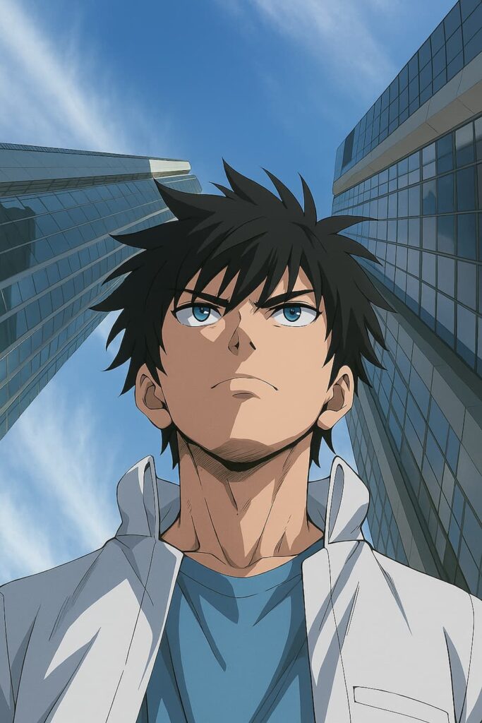 都会の高層ビルに囲まれながら空を見上げるアニメ風の青年キャラクター、ローアングルの力強い構図