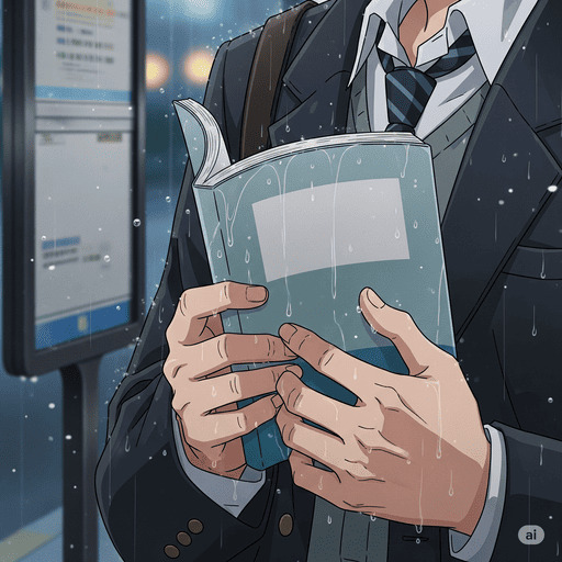 男子学生が雨のバス停で濡れた本を持っている、手元のクローズアップAIイラスト。