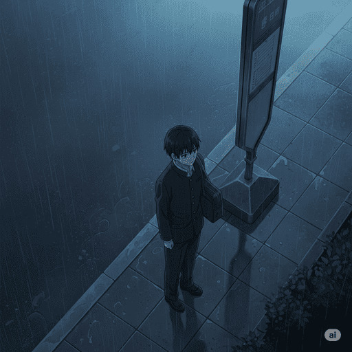 俯瞰のアングルから描かれた、雨のバス停に一人で立つ男子学生のAIイラスト。