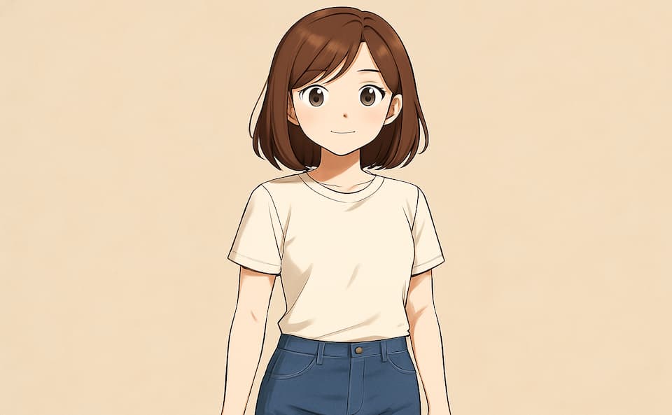 カジュアルな服装をした茶色い髪の若い女性キャラクター。日本語プロンプトによるChatGPT-4oの画像生成初期段階。