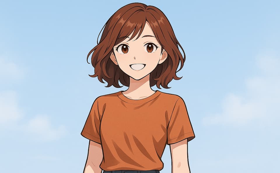 ウェーブのかかったヘアスタイルと明るい笑顔を持つ完成版の若い女性キャラクター。ChatGPT-4oによる日本語プロンプト画像生成の最終調整版。
