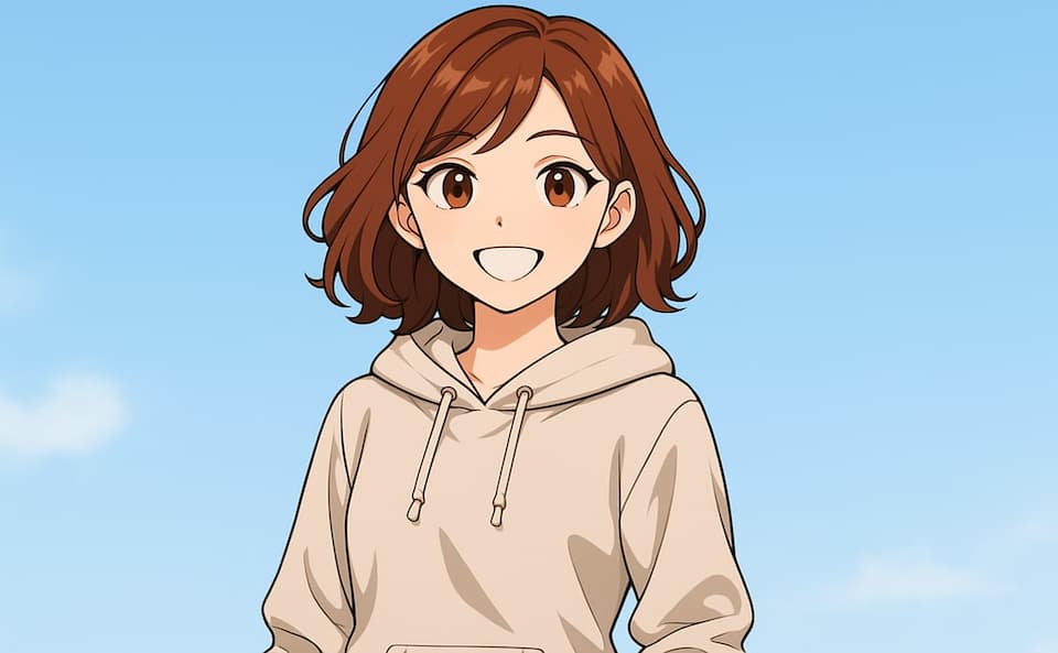 ベージュのパーカーを着た赤みブラウンのボブヘアの若い女性キャラクター。ChatGPT-4oの日本語プロンプトによる服装変更の例。