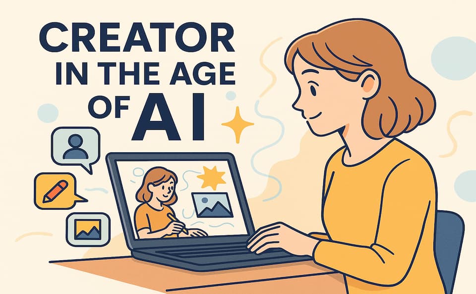 AIを活用して創作を行う女性クリエイターとノートPC