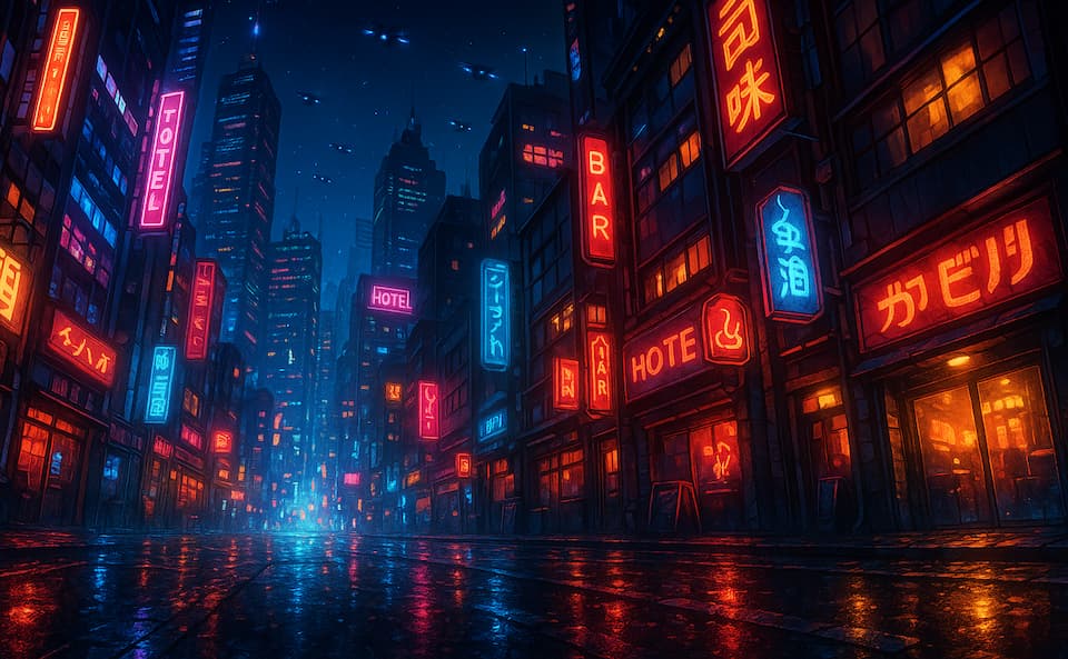 サイバーパンクな未来都市の夜景。ネオンサインが輝く高層ビル群、雨上がりのアスファルトに反射する光、ローアングルから見上げる視点で無数のドローンが空を飛び交う情景。