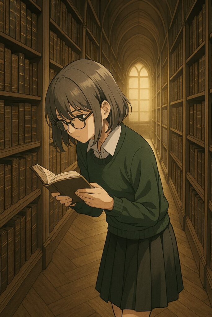 奥へと続く本棚の間で、眼鏡をかけた文学少女が少し猫背になりながら本を熱心に読んでいるアニメ風イラスト。柔らかな光が奥の窓から差し込み、床と書棚に長い影を落としている。