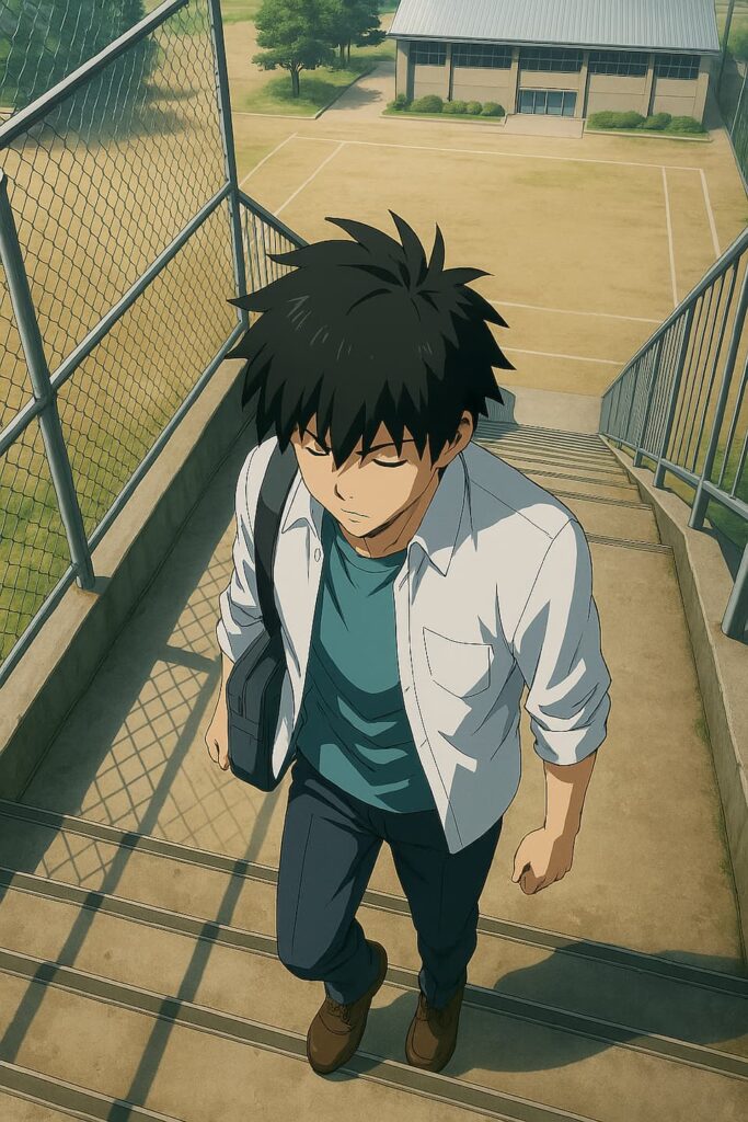 学校の屋外階段を真上から見下ろした俯瞰構図で、男子学生がゆっくりと降りているアニメ風イラスト。背景には校庭や体育館が見え、手すりやフェンスの影が地面にくっきりと落ちている。