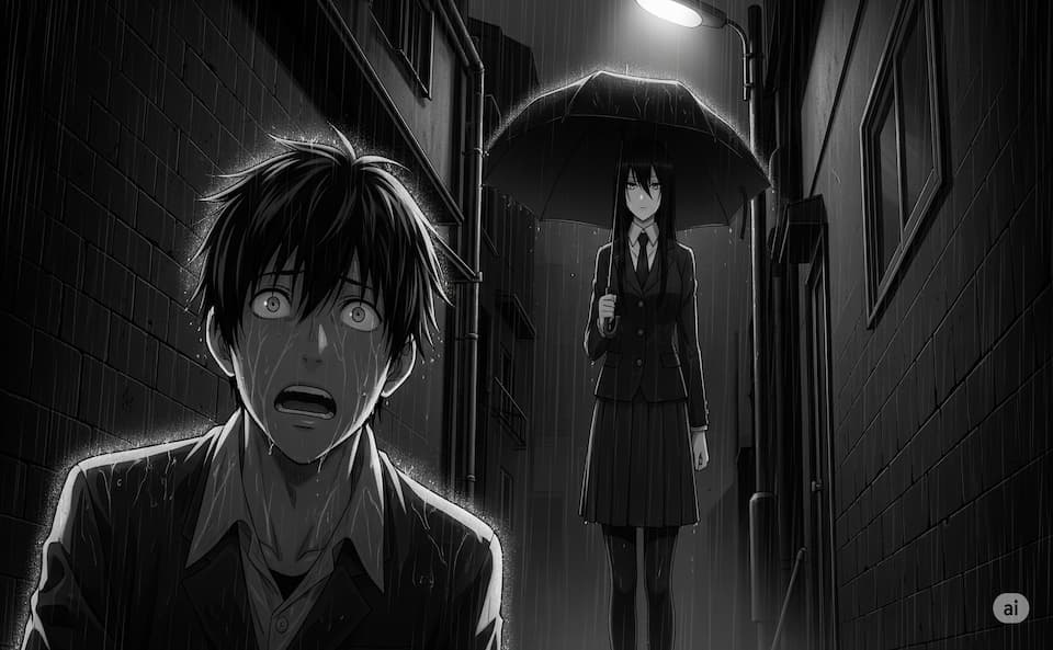 雨の路地裏で、傘をさすヒロイン・玲奈と、ずぶ濡れで絶望する主人公・悠真の出会いのシーン