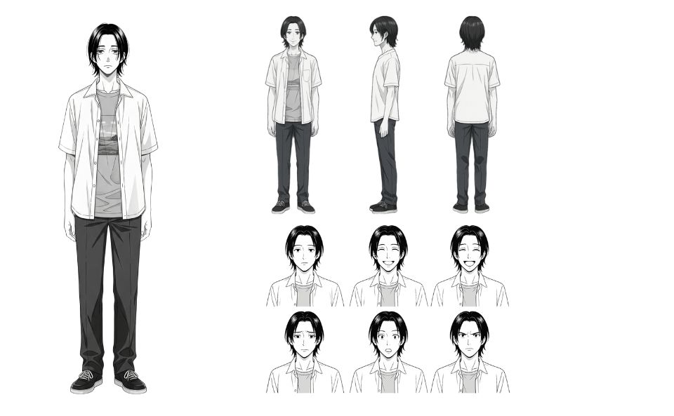 主人公悠真の全身三面図と6種類の表情を並べたモノクロキャラクターシート