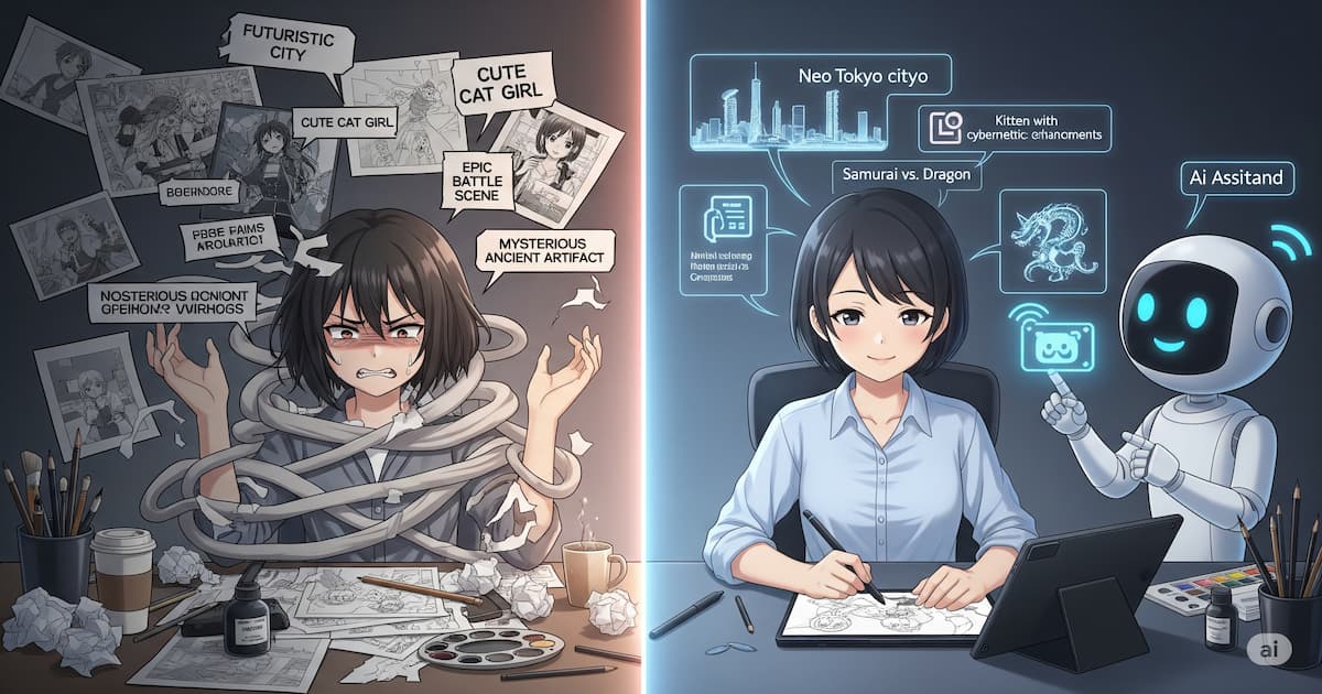MYGPTによる漫画制作の効率化を示すイラスト。左側ではChatGPTでのプロンプト疲れに悩む漫画家、右側ではMYGPTアシスタントとスムーズに作業する様子を描き、その違いを比較しています。
